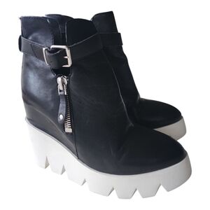 ASH RICKY Black Leather Platform Wedge Boots | Size 38 (US 7.5–8) | Chunky Sole